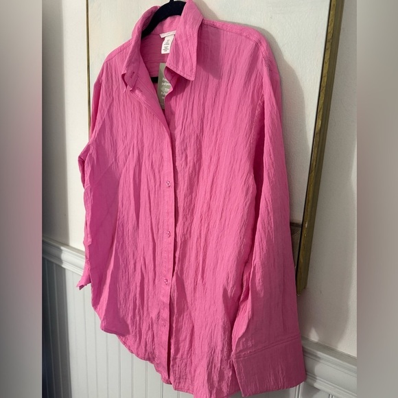 H&M Hot Pink Crinkled Chiffon Long Sleeve Button Down Shirt Size Small NWT - Picture 5 of 7